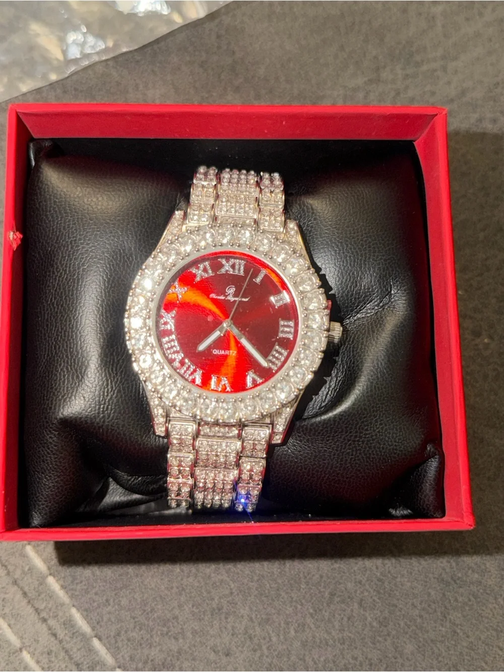 Men's Silver Crystal Bracelet Watch with Red Dial